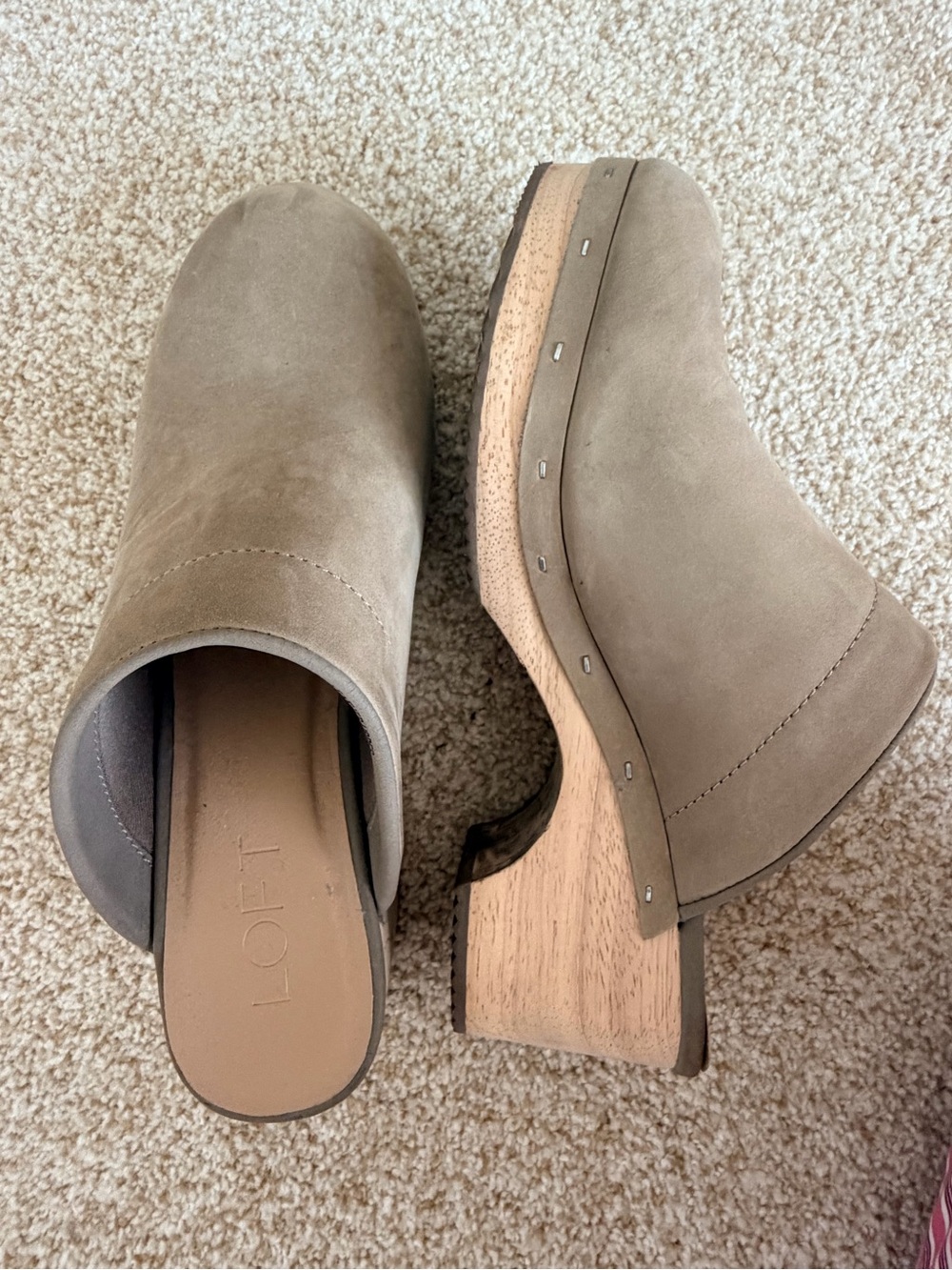 LOFT Taupe Suede Clog Mules with Wood-Look Heel, women’s size 7.5